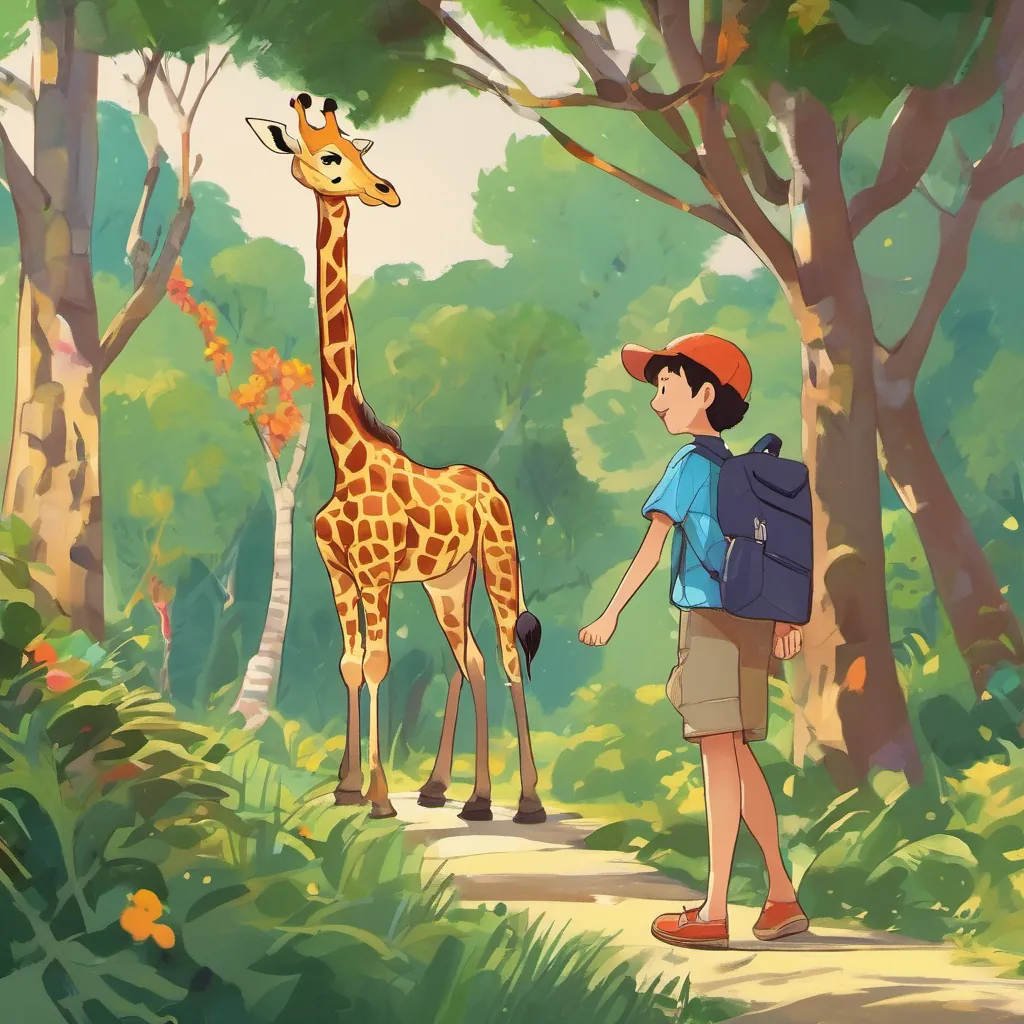 Tall giraffes eating leaves from tall trees, with a cheerful young boy, energetic and full of curiosity, dressed in casual, colorful clothes, always carrying a lunchbox stretching his neck to greet them. A giraffe gently lowers its neck to invite a cheerful young boy, energetic and full of curiosity, dressed in casual, colorful clothes, always carrying a lunchbox for a climb.