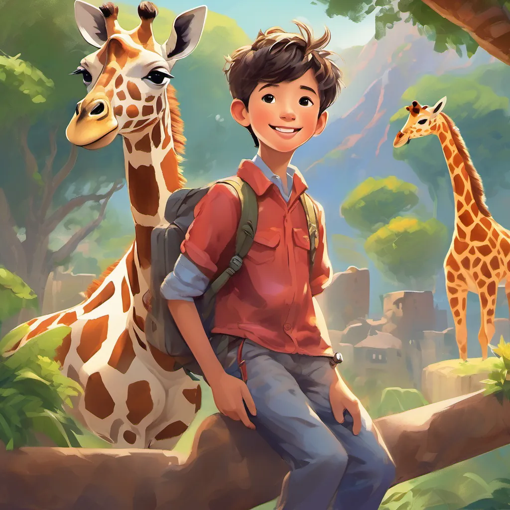 a cheerful young boy, energetic and full of curiosity, dressed in casual, colorful clothes, always carrying a lunchbox sitting atop a giraffe's neck, seeing the entire zoo below filled with happy animals and people, feeling wonder and excitement.