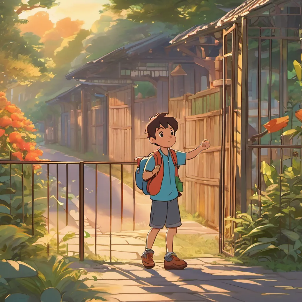 a cheerful young boy, energetic and full of curiosity, dressed in casual, colorful clothes, always carrying a lunchbox leaving the zoo at sunset, waving goodbye to the animals who are waving back. The scene is serene and filled with warm colors, signifying the end of a perfect day.