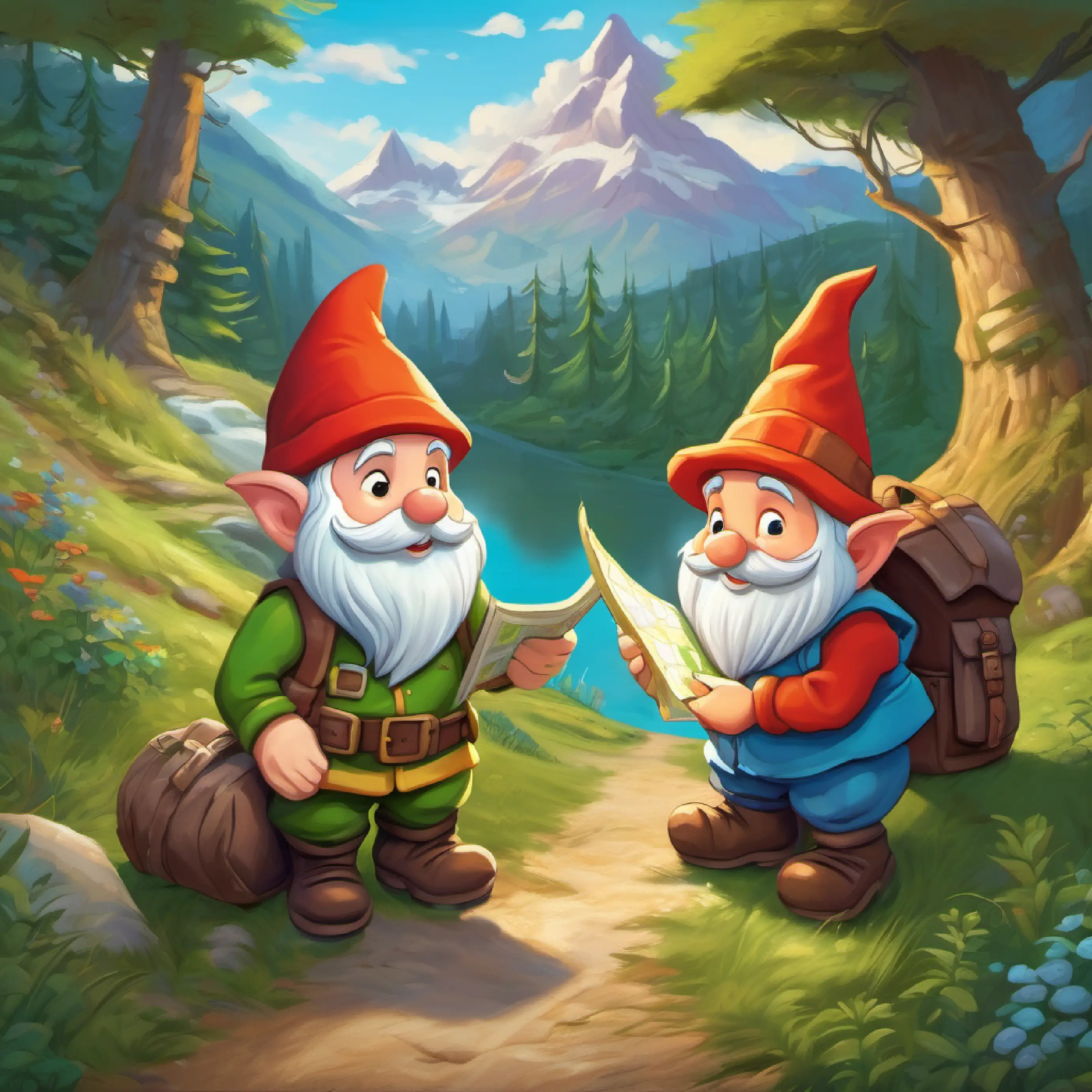 Gnomes welcome Charlie and Max with a map.