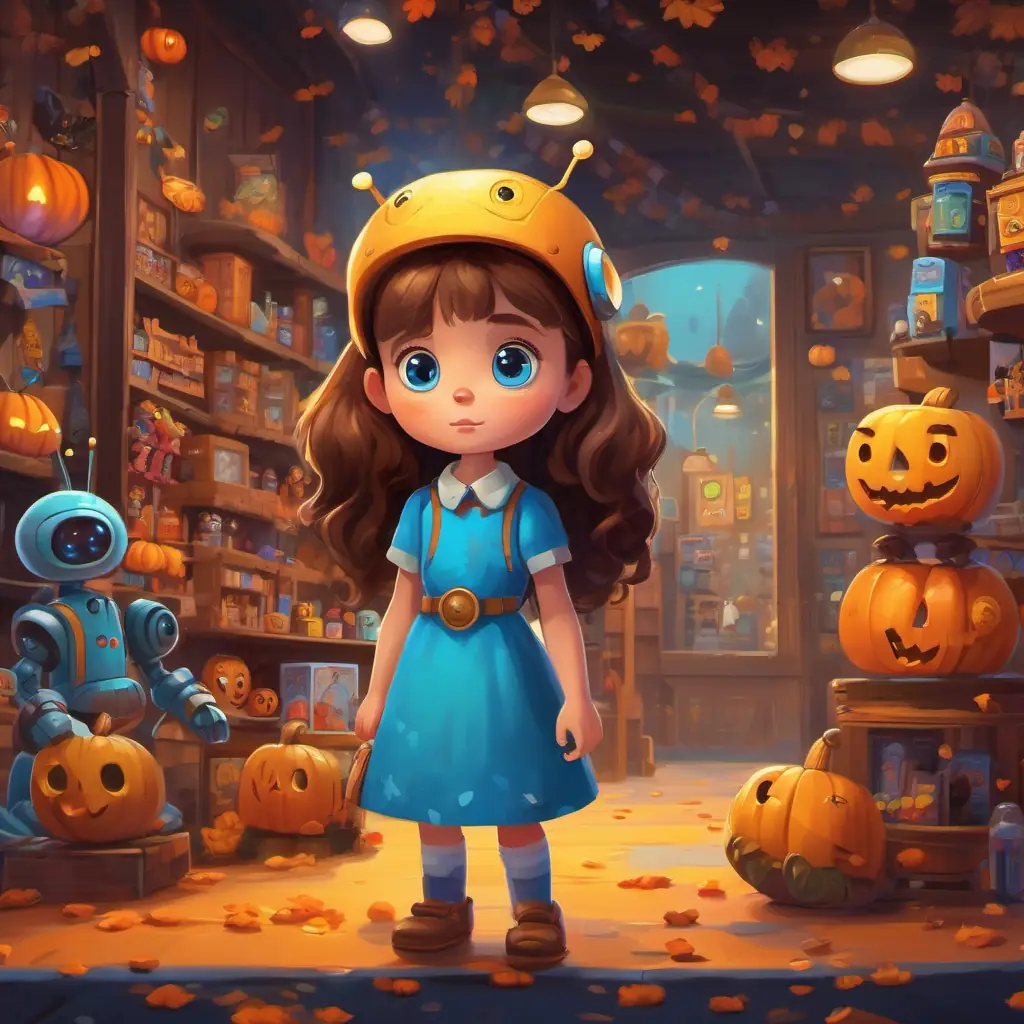 Kind-hearted girl with brown hair and bright blue eyes enters a special toy store and finds a sad robot bee with lonely eyes.