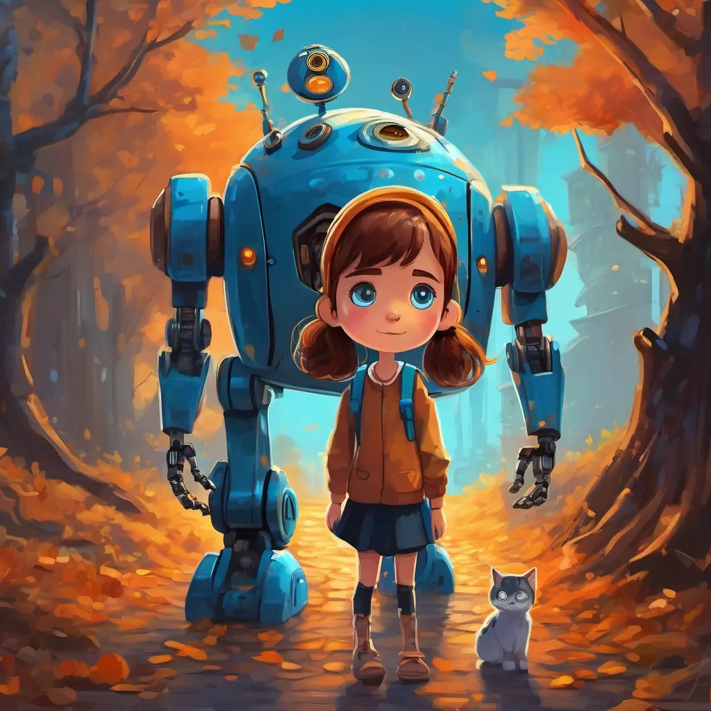 The robot looks at Kind-hearted girl with brown hair and bright blue eyes and expresses its sadness of never being taken home.