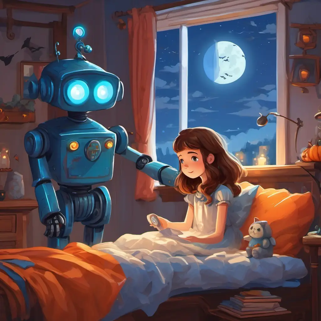 Kind-hearted girl with brown hair and bright blue eyes takes the robot home, puts it gently on her bed, and promises it won't be lonely anymore.