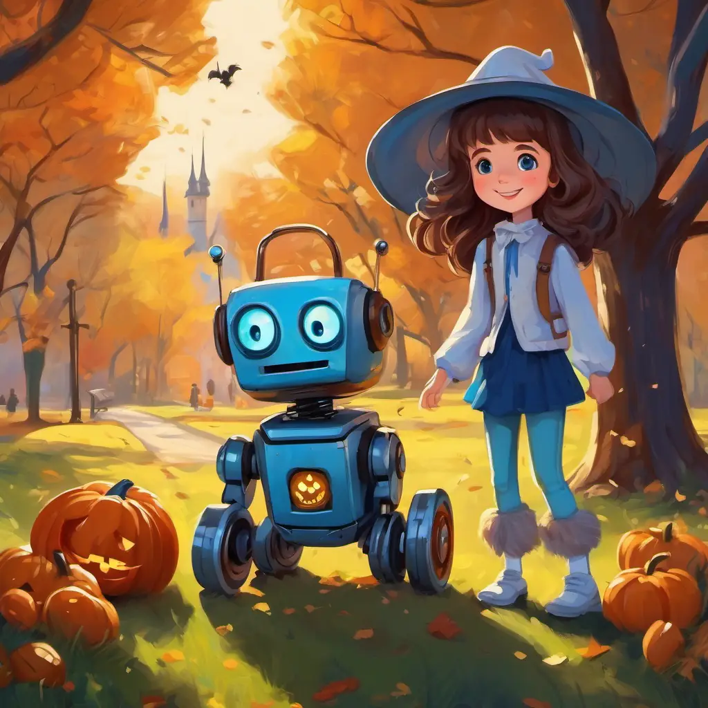 Kind-hearted girl with brown hair and bright blue eyes takes the robot to the park, where they have a great time playing and laughing together.