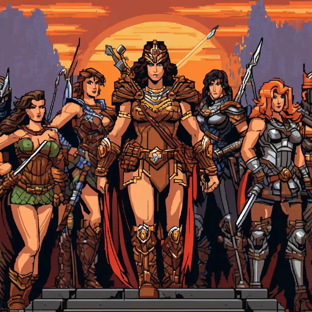 The Amazons meet Bill, look intimidating yet welcoming, classic attire.