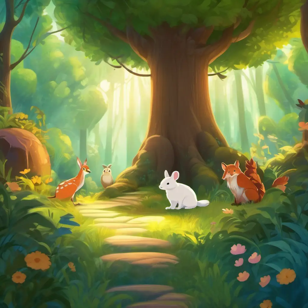 Introduction to the story, setting the scene in the magical forest with animal friends.