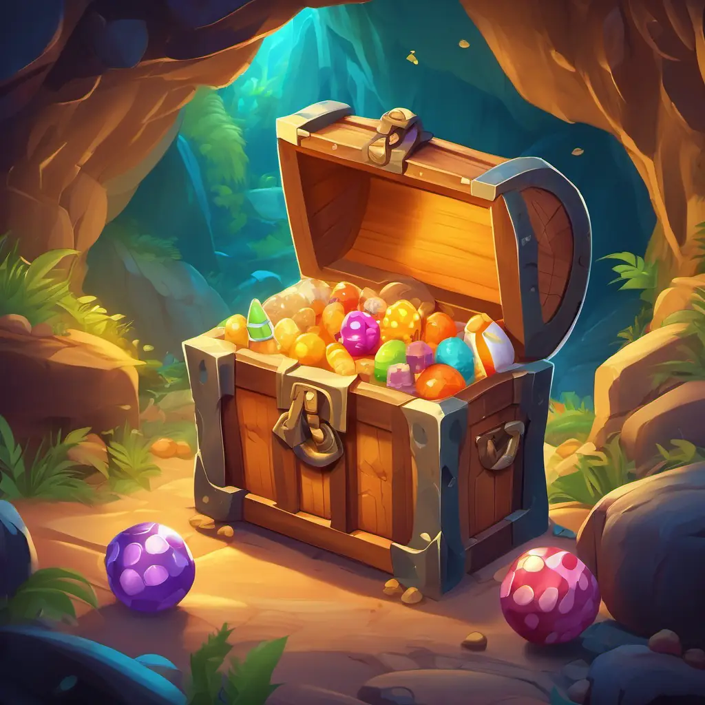 Exciting discovery of a treasure chest filled with treats and toys inside the cave.