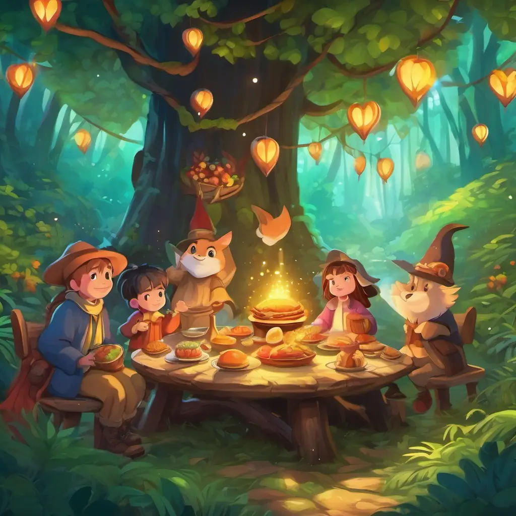 Conclusion of the adventure with a grand feast in the heart of the magical forest.