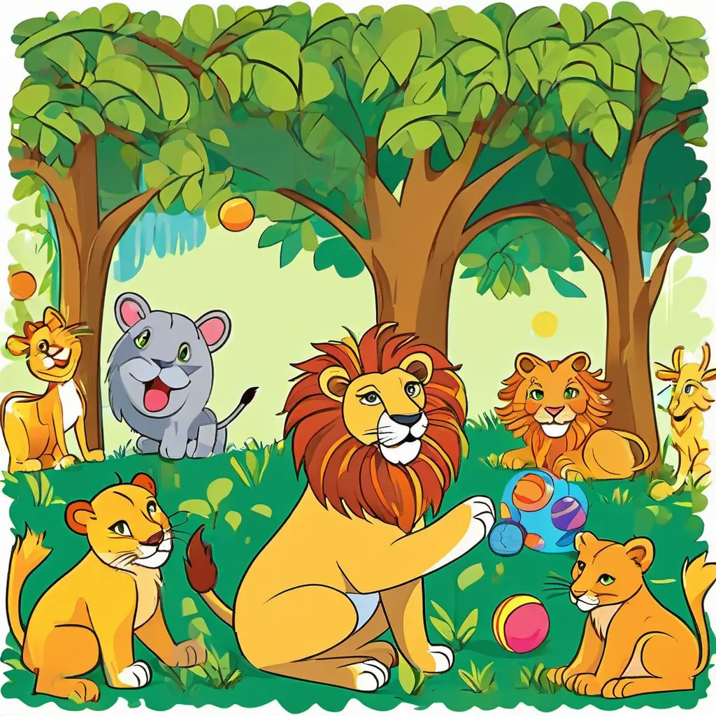 In the jungle, under a big, shady tree, Golden fur, bright green eyes, playful and joyful lion the lion is playing with a colorful ball, surrounded by happy animals.