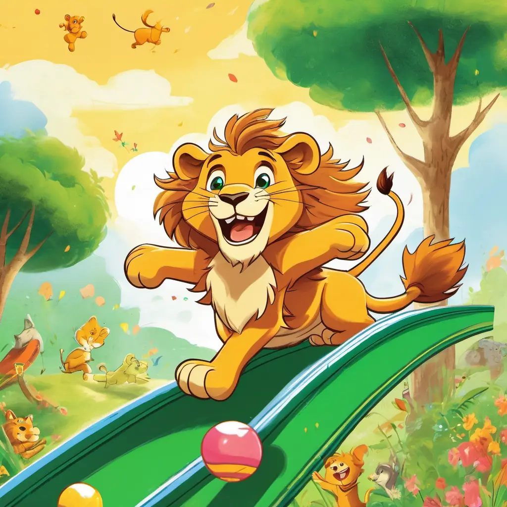 Golden fur, bright green eyes, playful and joyful lion is sliding down a slide, his paws in the air, with a big smile on his face and other animals cheering around him.