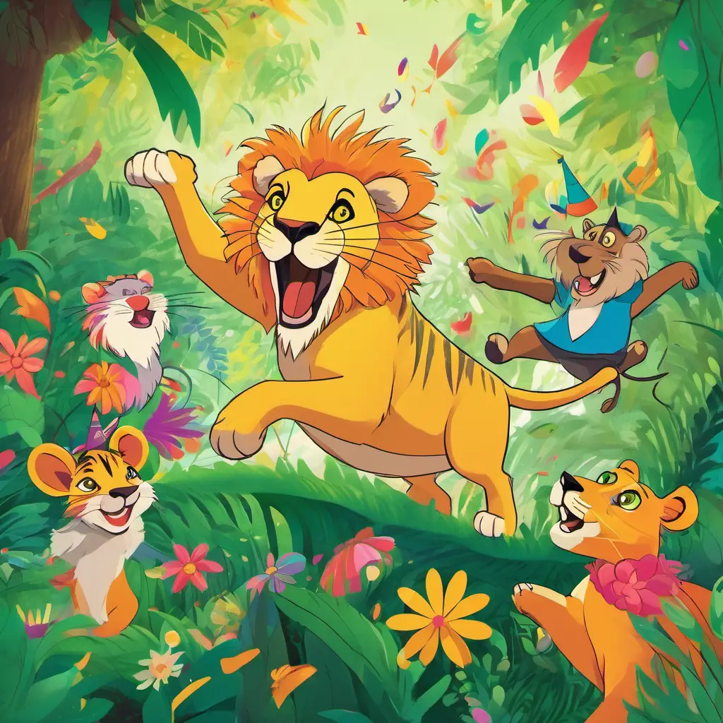 The jungle is filled with colorful flowers and animals wearing party hats, dancing to the beat of drums and trumpets, with Golden fur, bright green eyes, playful and joyful lion leaping in the middle of the dance.