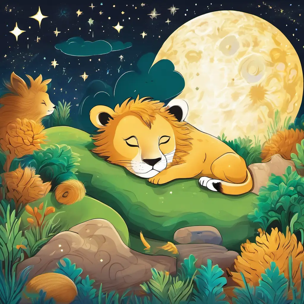 The moon is shining in the sky, and the animals are nestled together, while Golden fur, bright green eyes, playful and joyful lion is curled up, eyes closed, sleeping under the stars.