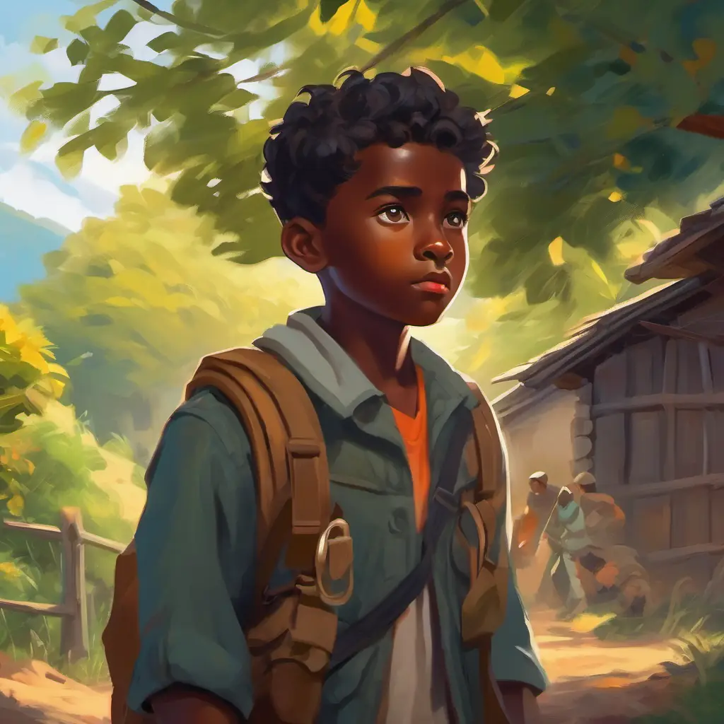 Young ambitious boy, dark skin, bright eyes, full of hope in village, soldiers passing by, spark of inspiration