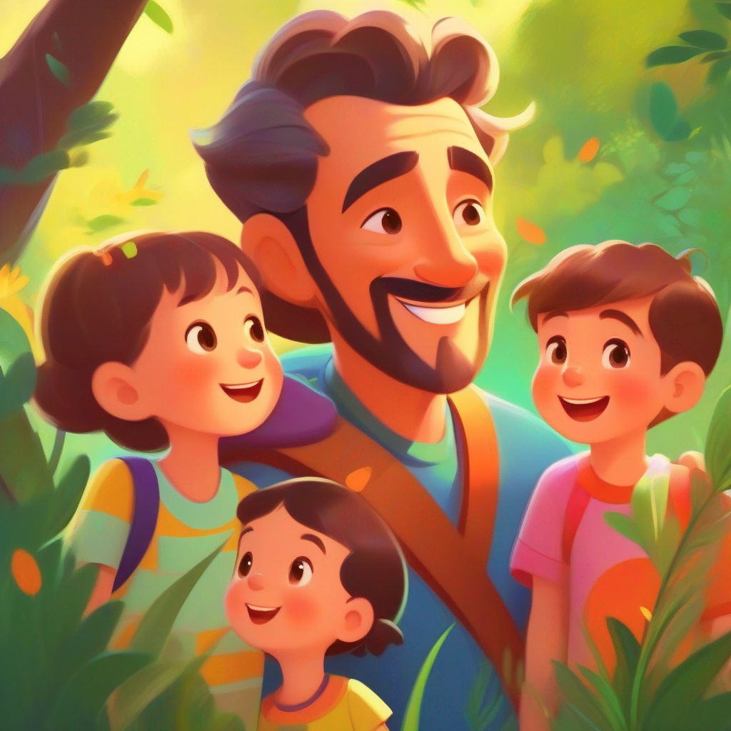 Kind father with a great sense of humor, wearing colorful clothes, Gentle mother who is always there to listen, with a warm smile, and children having fun outdoors, surrounded by greenery