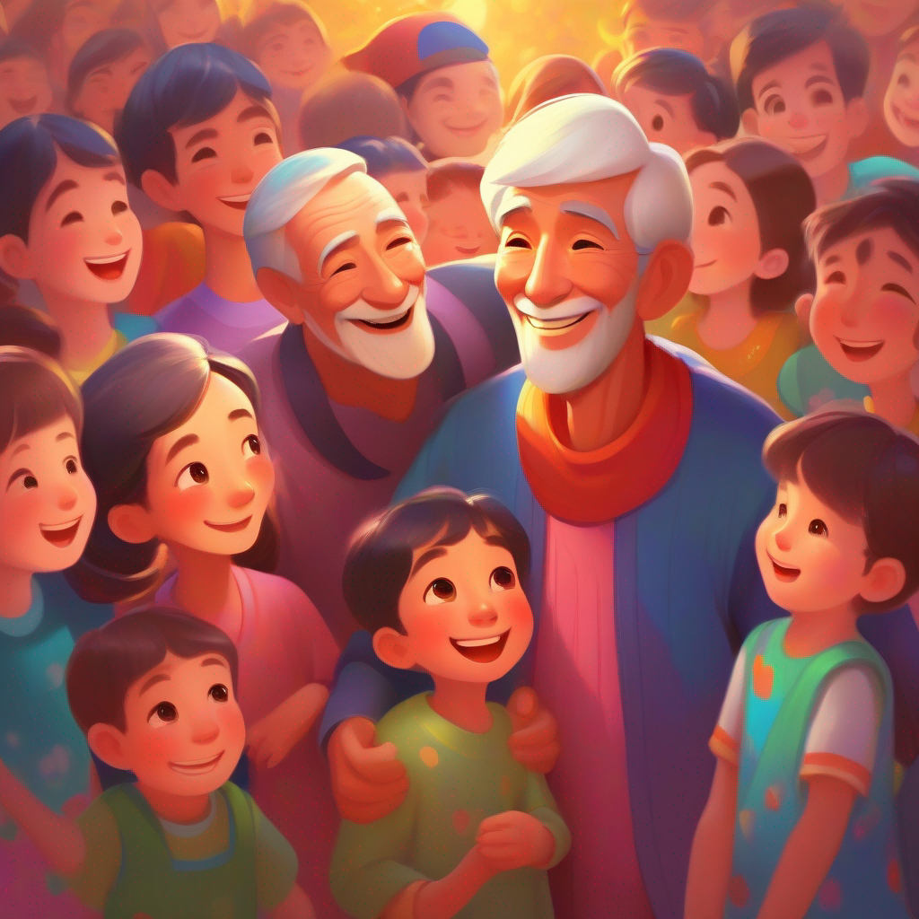 Kind father with a great sense of humor, wearing colorful clothes, Gentle mother who is always there to listen, with a warm smile, and children helping elderly, surrounded by happy faces