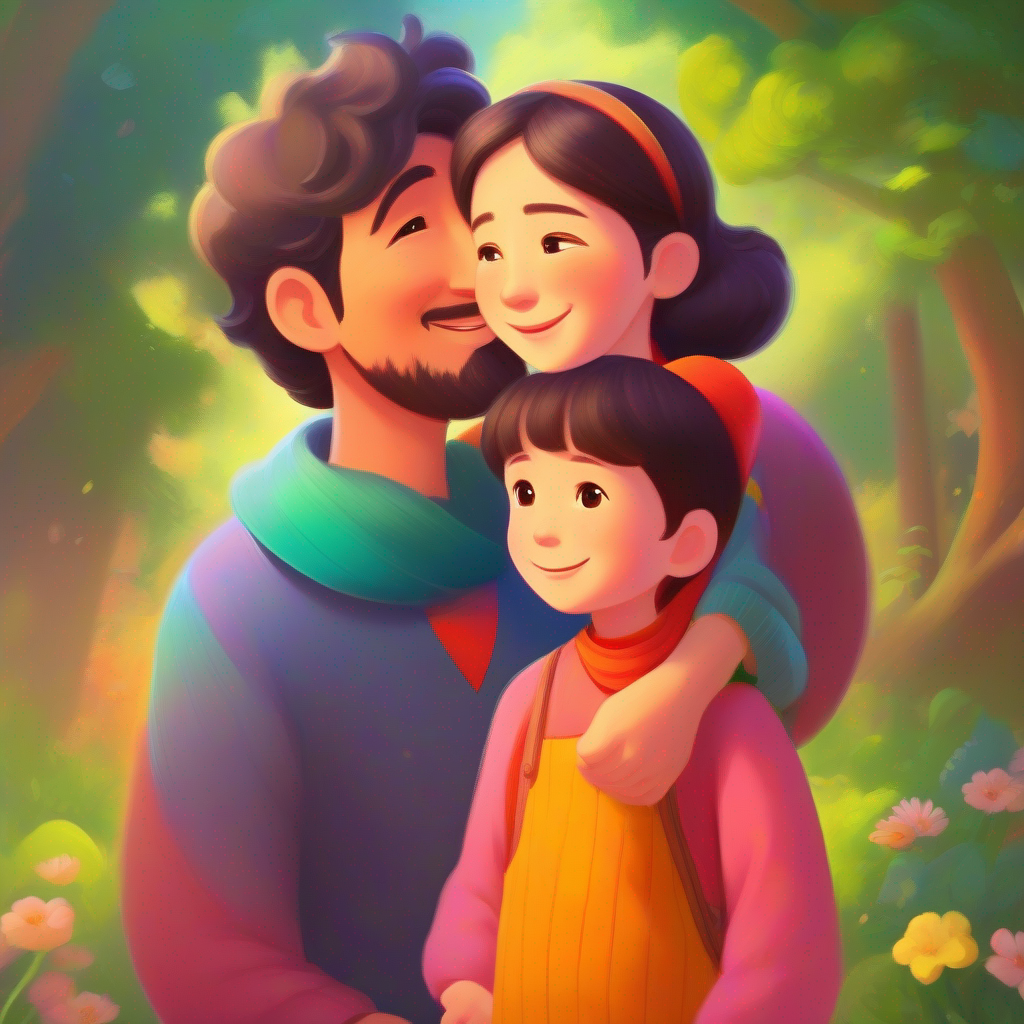 Kind father with a great sense of humor, wearing colorful clothes and Gentle mother who is always there to listen, with a warm smile with a heart symbolizing their everlasting friendship