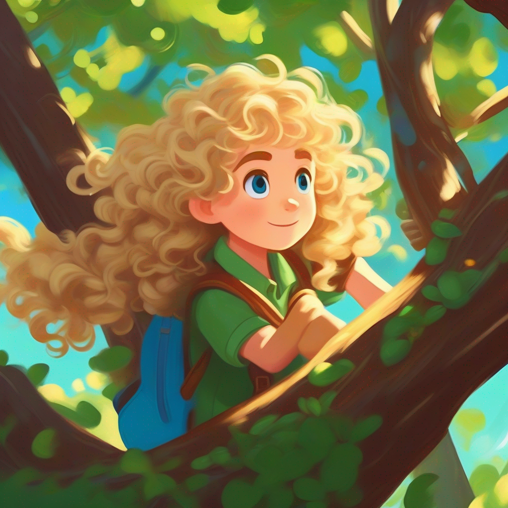 Curly brown hair, bright blue eyes, courageous and friends playing in park, Blonde hair, green eyes, stuck up in tree stuck in tree