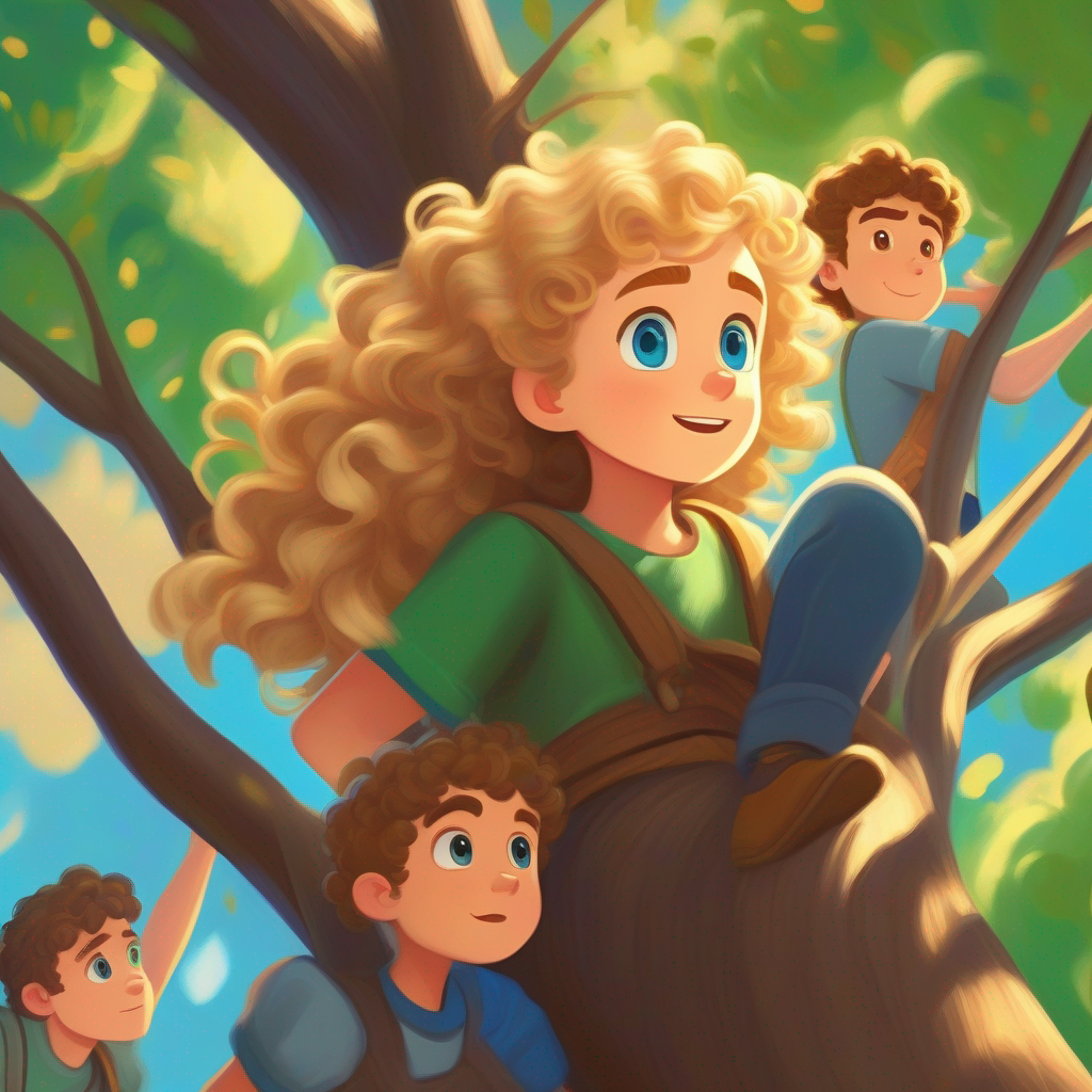 Curly brown hair, bright blue eyes, courageous's friends making a human ladder, Billy saving Blonde hair, green eyes, stuck up in tree