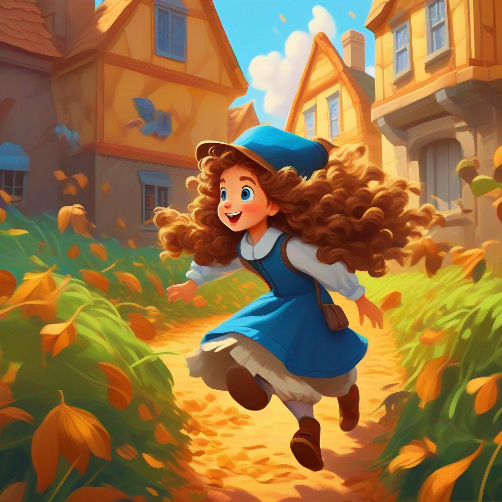 Curly brown hair, bright blue eyes, courageous building a scarecrow, squirrels running away