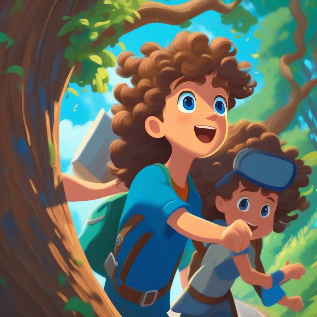 Tree falling on road, Curly brown hair, bright blue eyes, courageous and friends pulling the tree