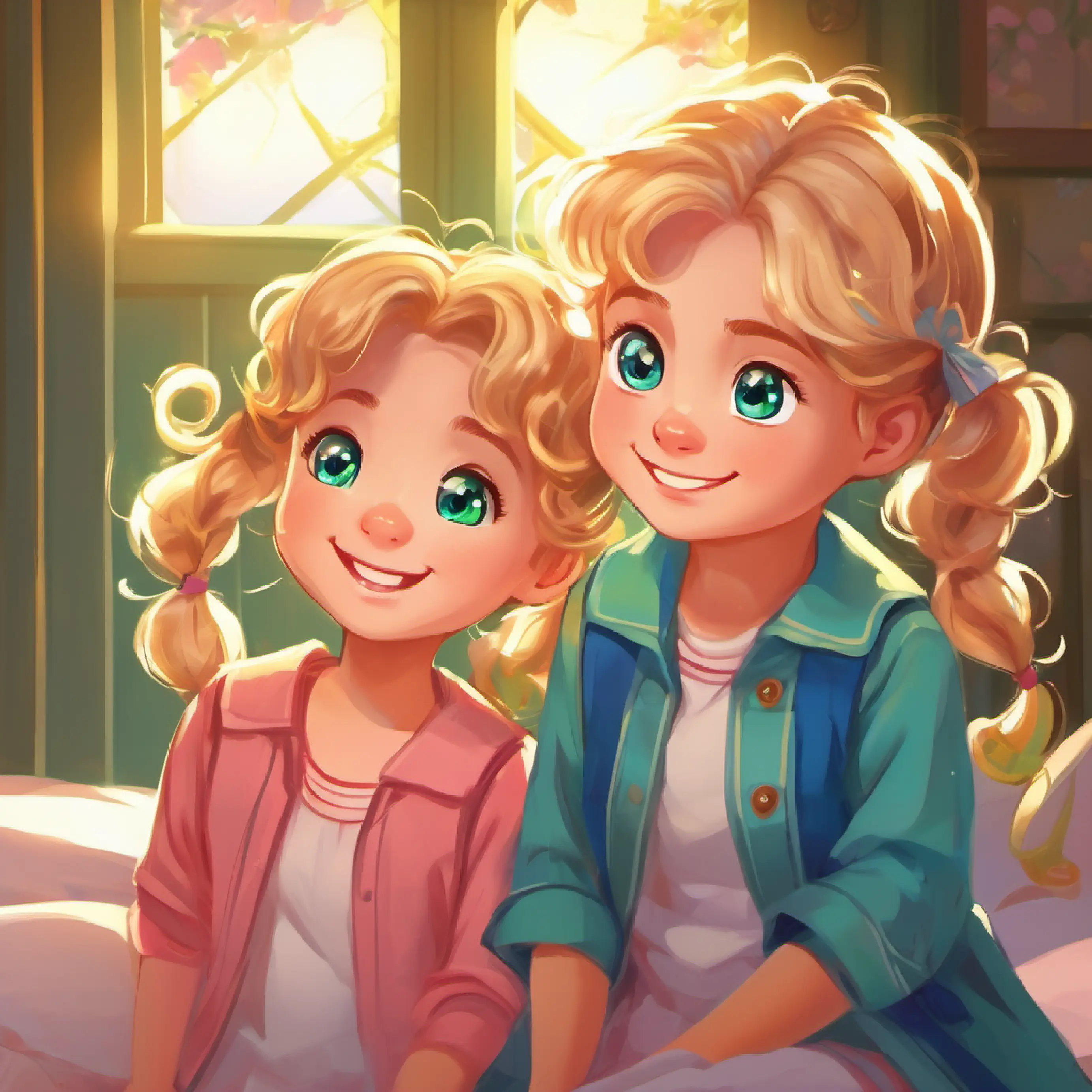 Curly brown hair, twinkling green eyes, mischievous smile and Blonde hair in pigtails, sparkling blue eyes, contagious giggles's bedroom, two playful siblings, bright moonlight outside