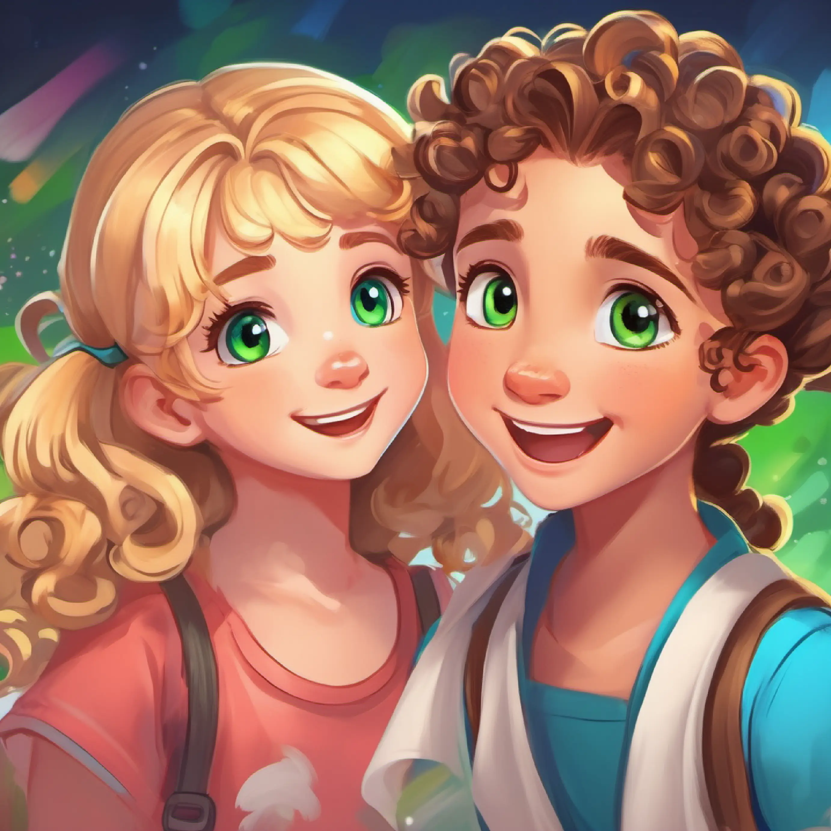 Curly brown hair, twinkling green eyes, mischievous smile and Blonde hair in pigtails, sparkling blue eyes, contagious giggles brainstorming ideas, lots of colorful crayons and paper