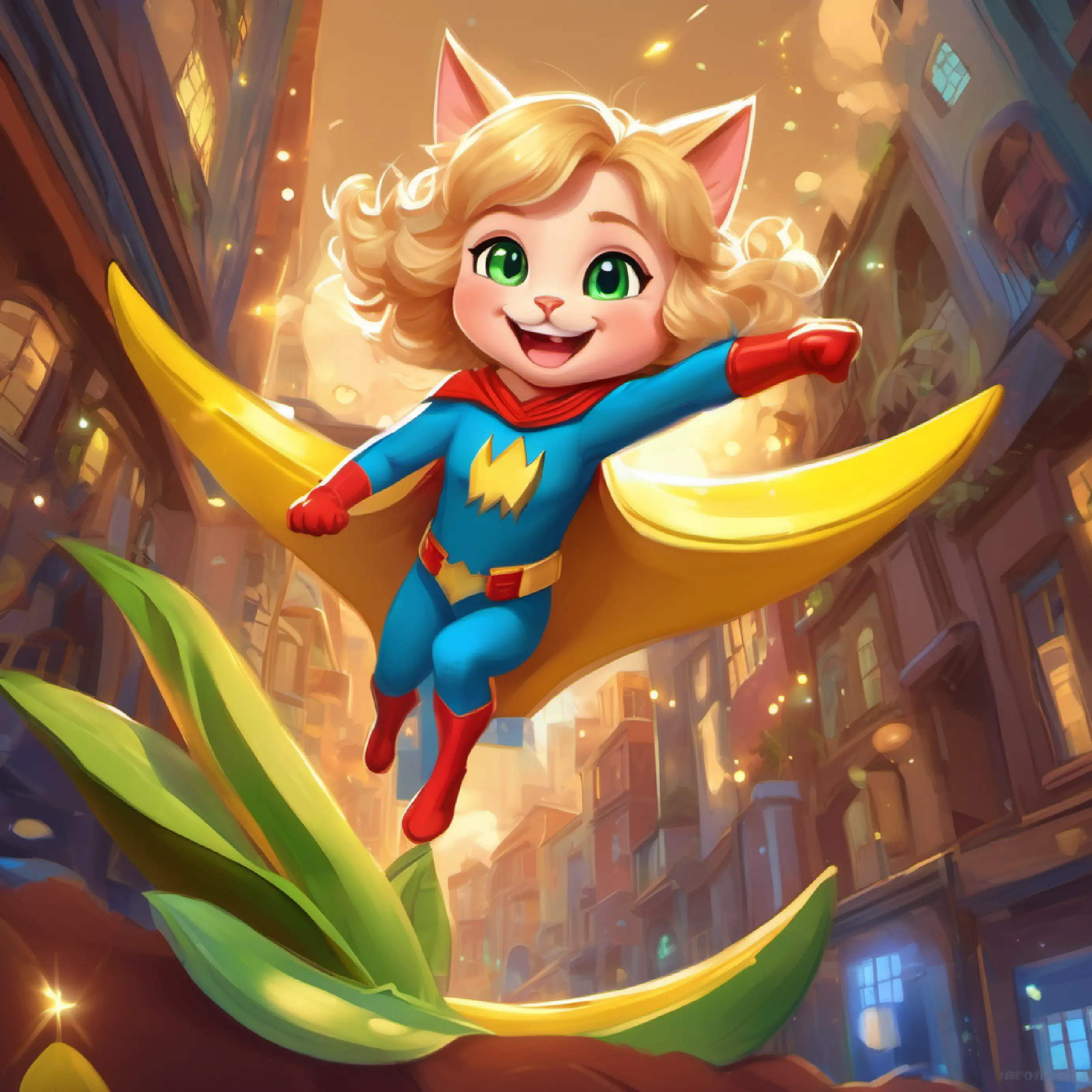 Big imaginary adventures, laughter filling the room, Curly brown hair, twinkling green eyes, mischievous smile as a superhero cat, Blonde hair in pigtails, sparkling blue eyes, contagious giggles as a magical banana