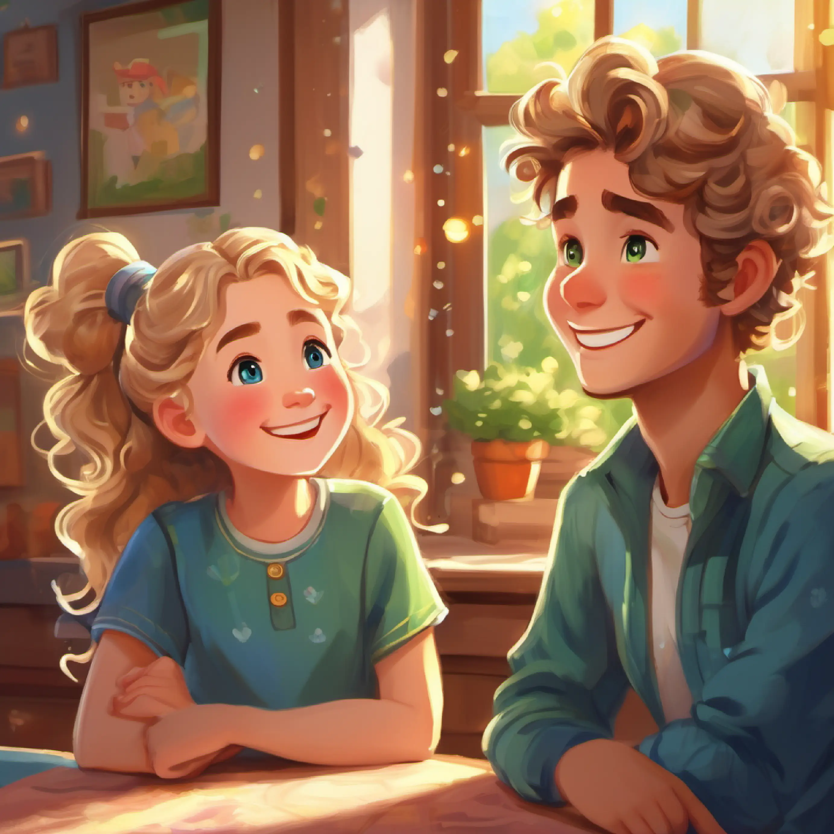 Parents smiling, Curly brown hair, twinkling green eyes, mischievous smile and Blonde hair in pigtails, sparkling blue eyes, contagious giggles feeling proud, warm and cozy family moment