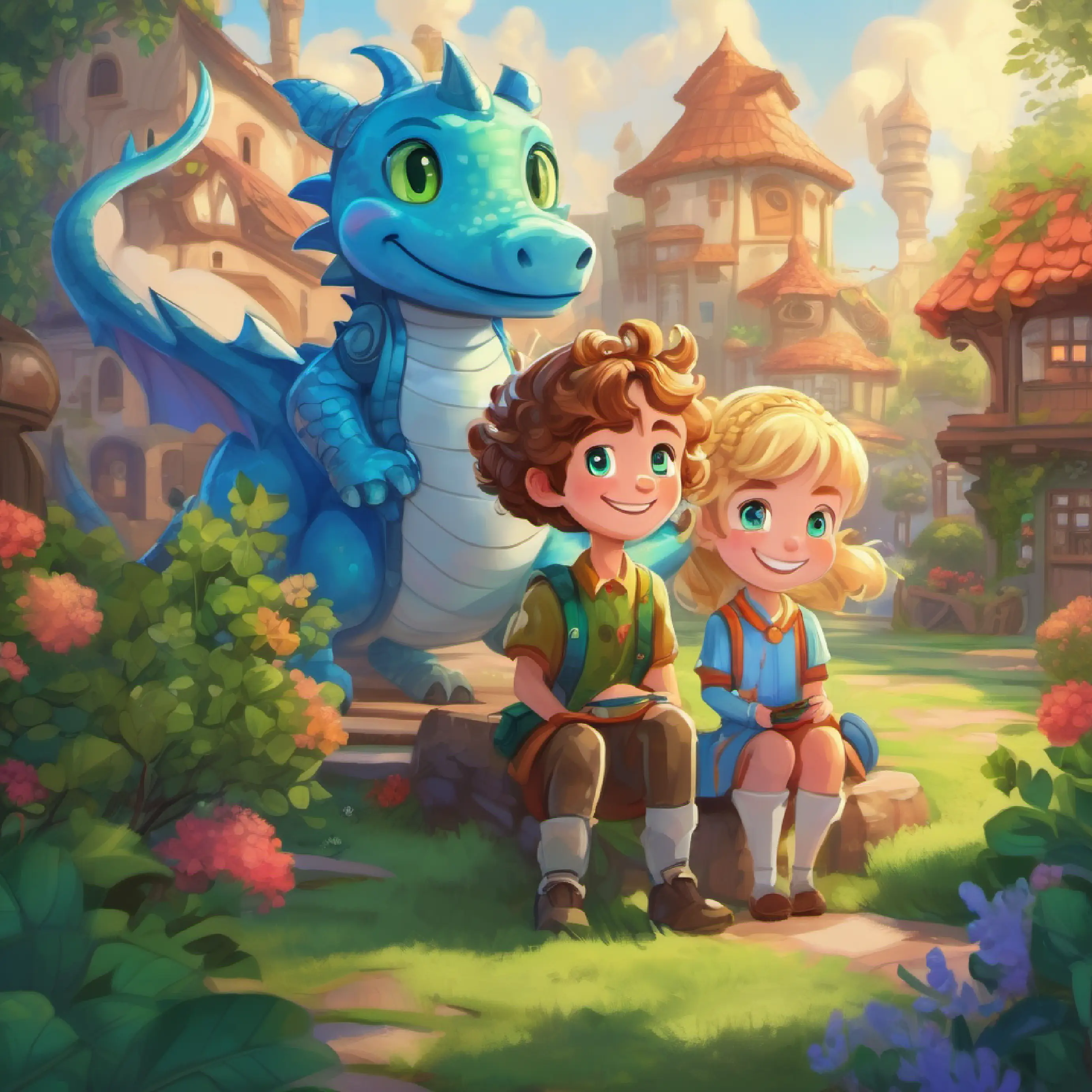 Imaginary dragon and robot adventures, big smiles on Curly brown hair, twinkling green eyes, mischievous smile and Blonde hair in pigtails, sparkling blue eyes, contagious giggles's faces