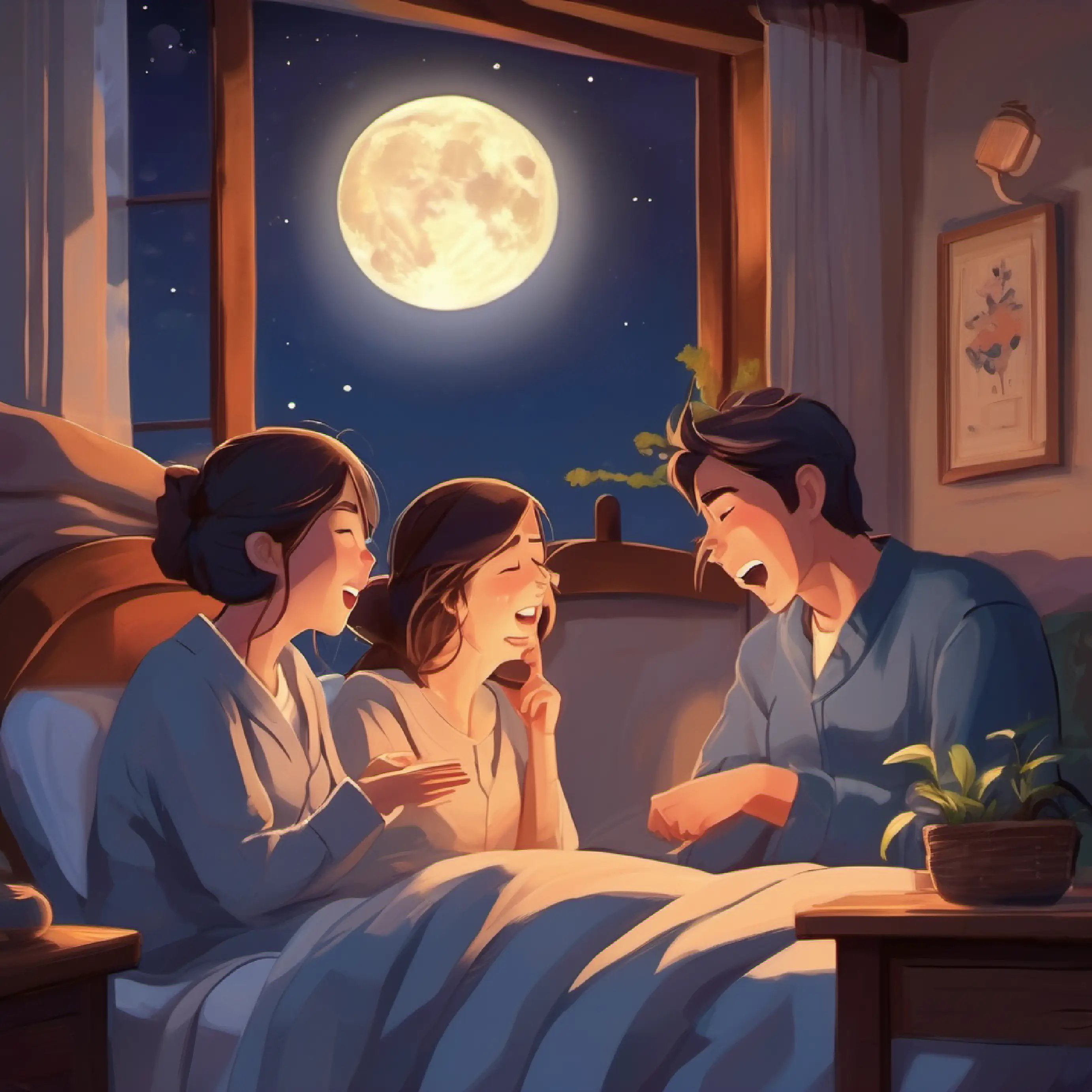 Yawning and rubbing their eyes, comfortable and cozy in bed, peaceful moonlight outside