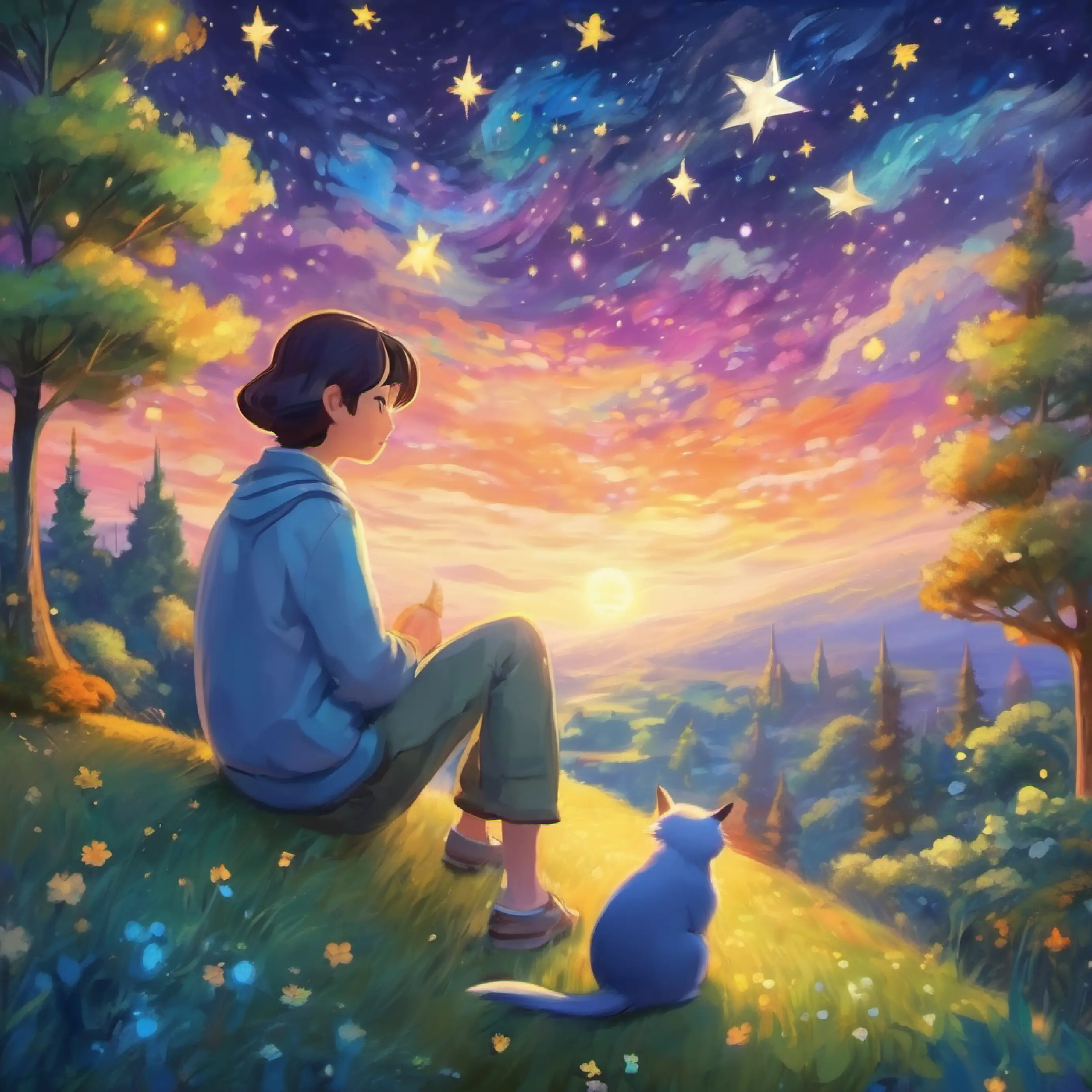 Dreamy, starry night, funny characters from their stories appearing in their dreams