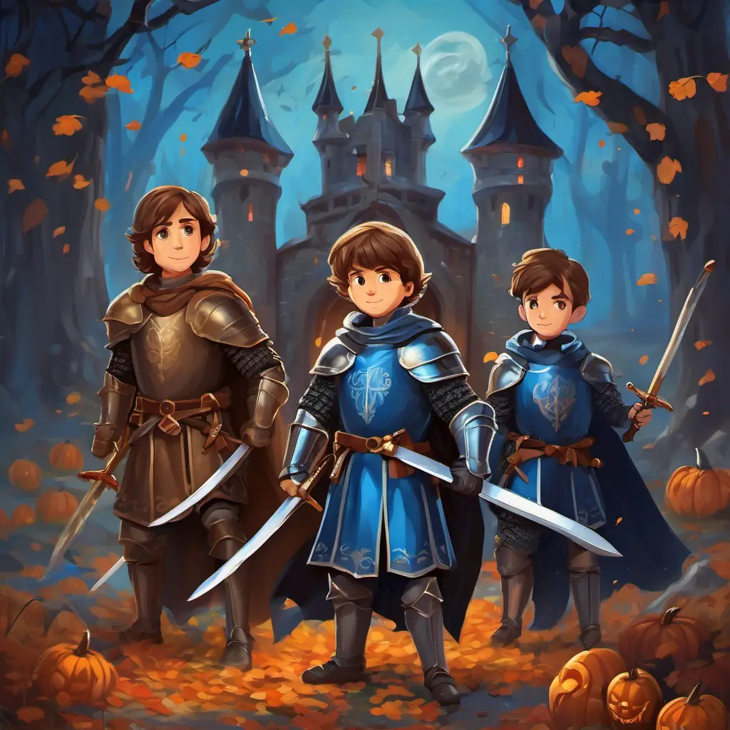 Young knight, brown hair, blue eyes standing in front of 3 knights with 2 swords each