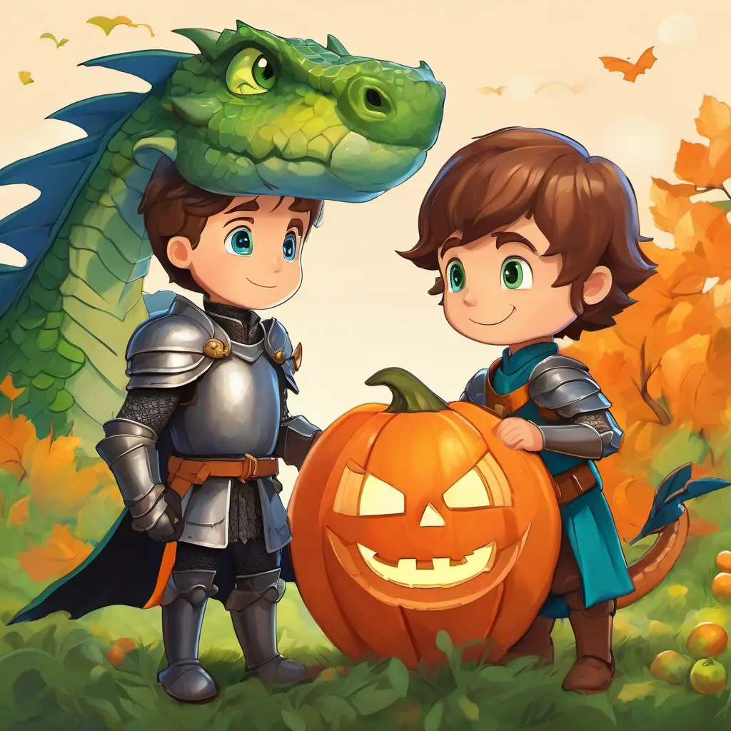 Young knight, brown hair, blue eyes meeting a friendly Friendly dragon, orange scales, big green eyes with orange scales and green eyes