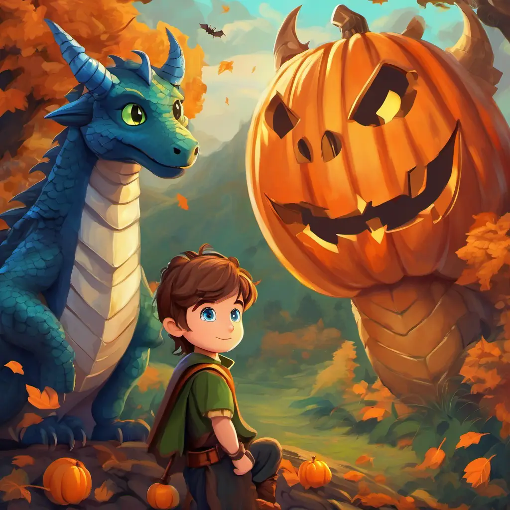 Young knight, brown hair, blue eyes thinking, with the Friendly dragon, orange scales, big green eyes nodding in approval