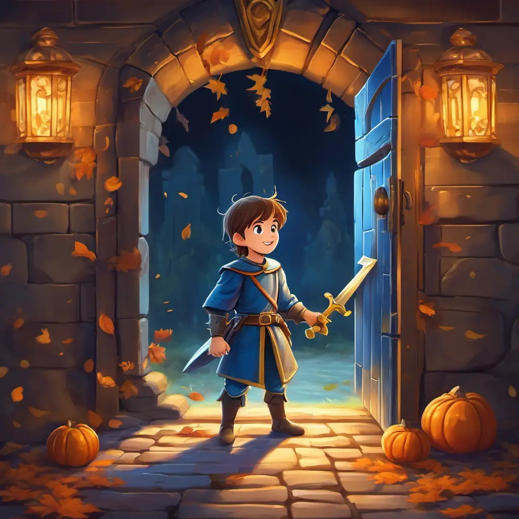 Young knight, brown hair, blue eyes unlocking the door to the treasure room, surprised and happy