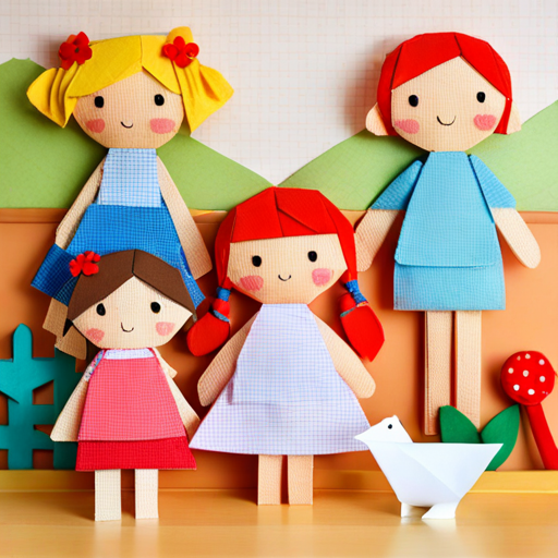 Three dolls, Curly blonde hair, blue dress, loves singing and dancing., Brown braided hair, pink dress, curious explorer., and Red pigtails, yellow dress, kind-hearted helper., in a cozy house