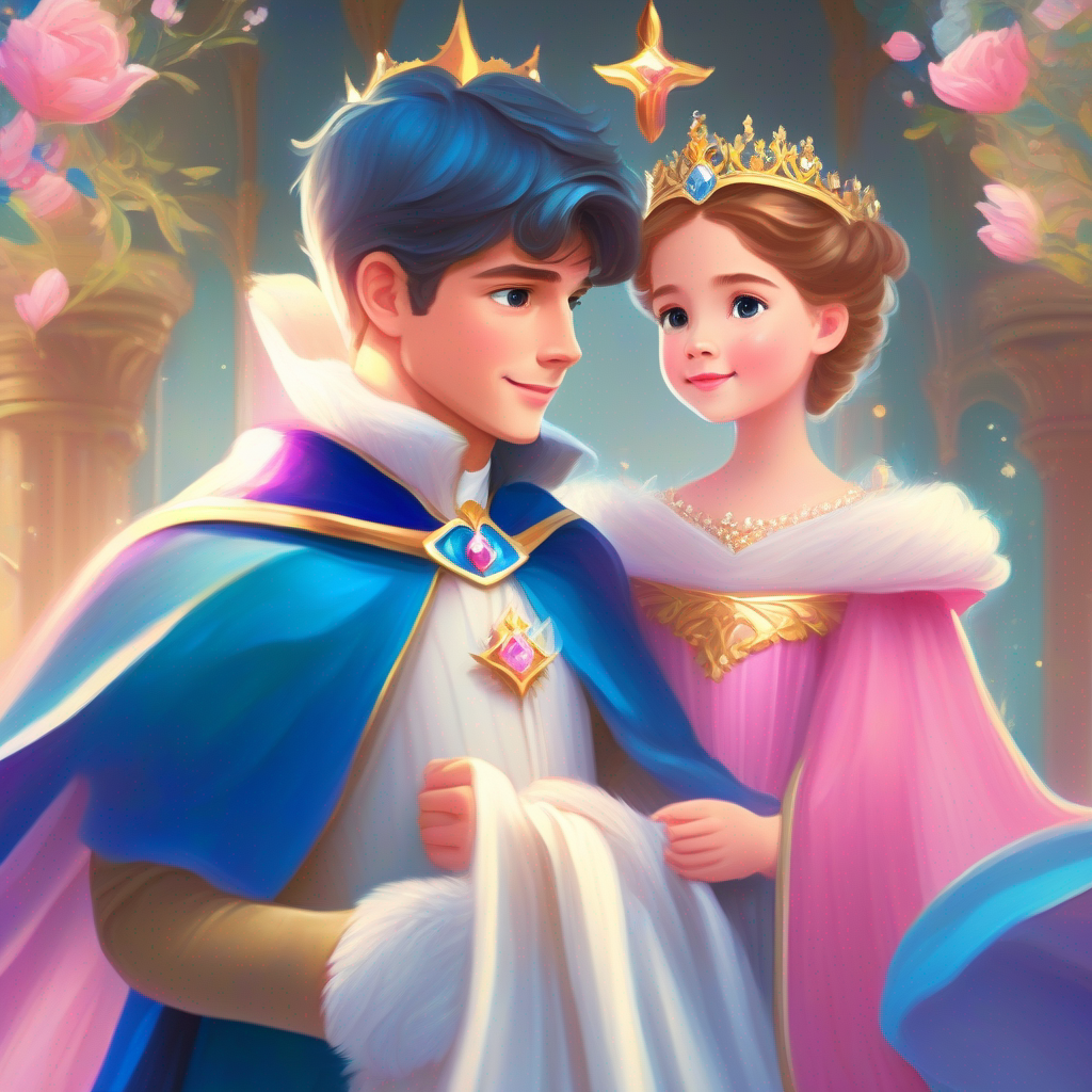 The Handsome Prince with a royal crown and blue cape and Beautiful Princess with a sparkling tiara and pink gown in a magical kingdom.