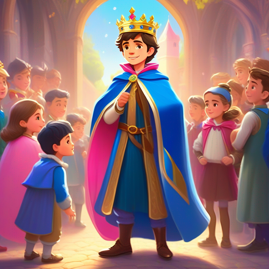 The Handsome Prince with a royal crown and blue cape, Beautiful Princess with a sparkling tiara and pink gown, and villagers brainstorming for a solution.