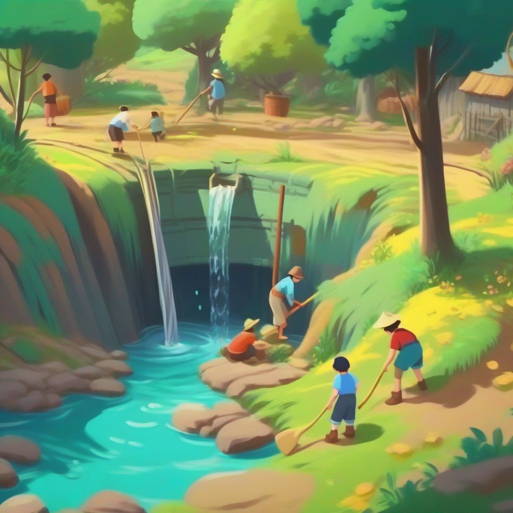Villagers digging a deep well and water flowing from it.