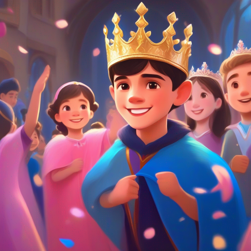 The Handsome Prince with a royal crown and blue cape, Beautiful Princess with a sparkling tiara and pink gown, and villagers celebrating the victory.