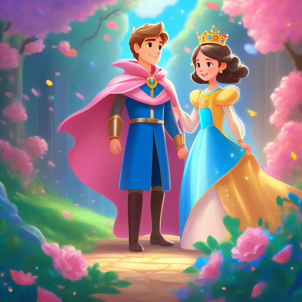 The Handsome Prince with a royal crown and blue cape and Beautiful Princess with a sparkling tiara and pink gown as problem-solving champions.