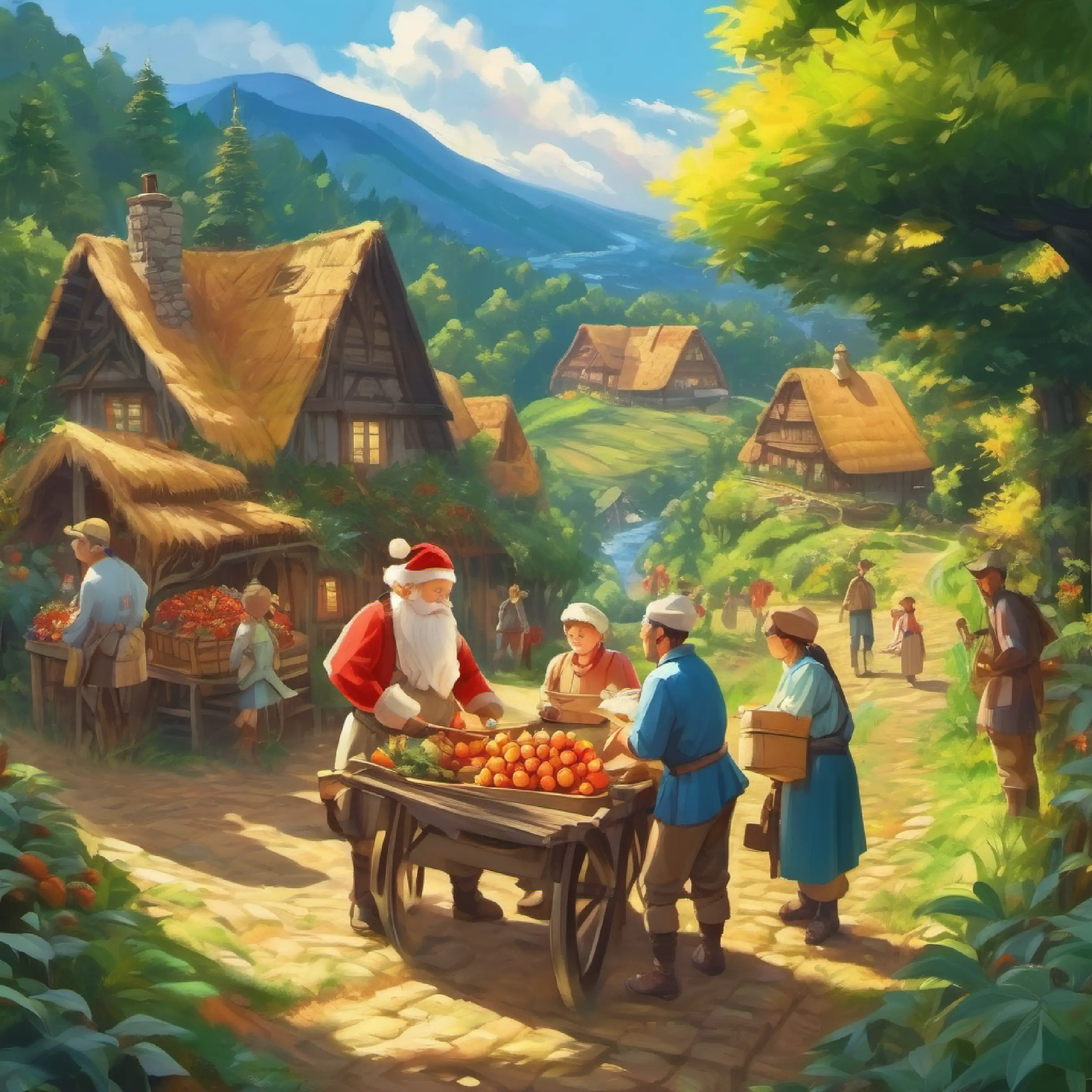 Introduction to the setting with the mention of the village, the Hardworking men with sun-kissed skin and friendly smiles, and the forest.