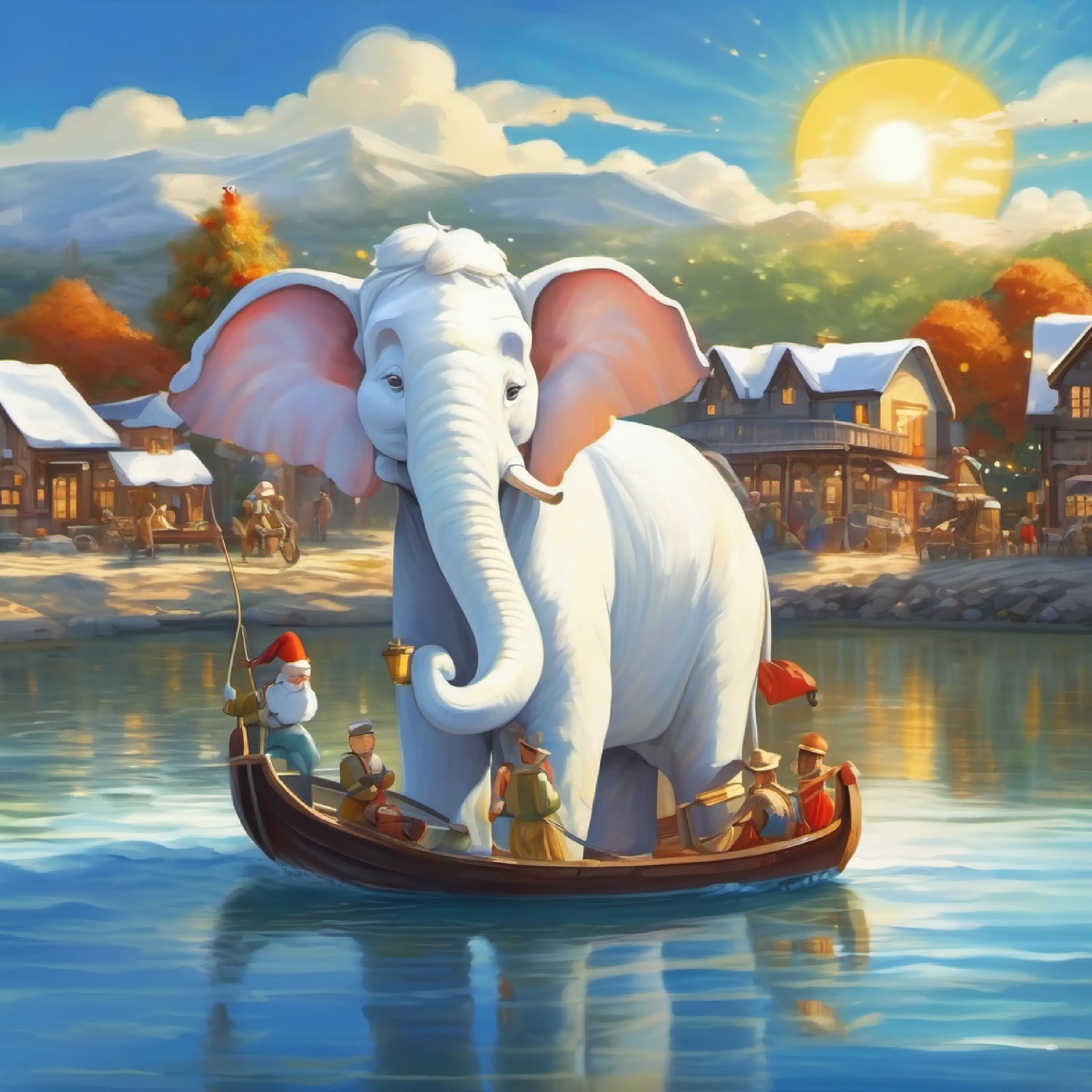 Description of the white elephant and its proximity to the Hardworking men with sun-kissed skin and friendly smiles' work by the river.