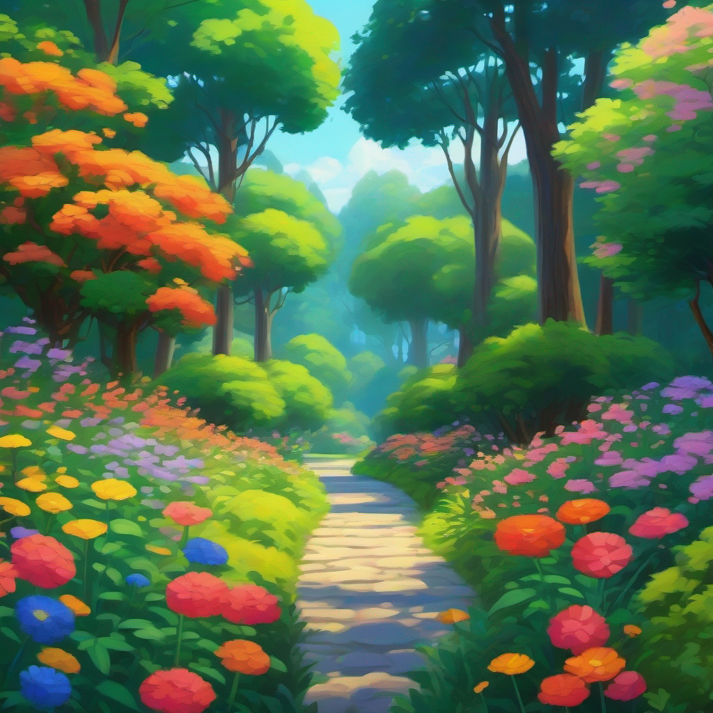 A garden with colorful flowers and tall trees.