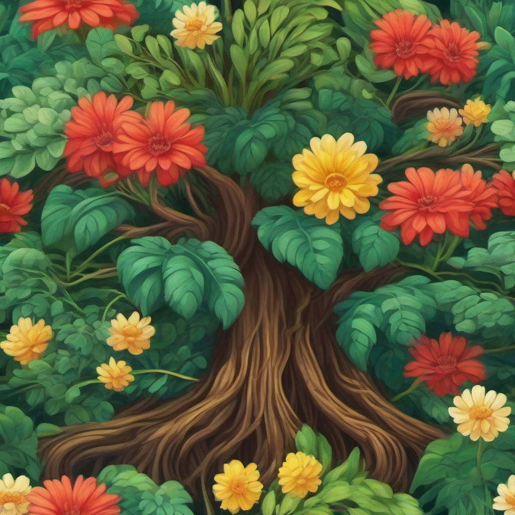 A plant with roots, stem, leaves, and flowers.