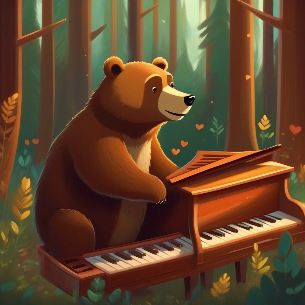 A brown bear with a friendly smile and a musical heart. the bear discovers a grand piano in the forest.