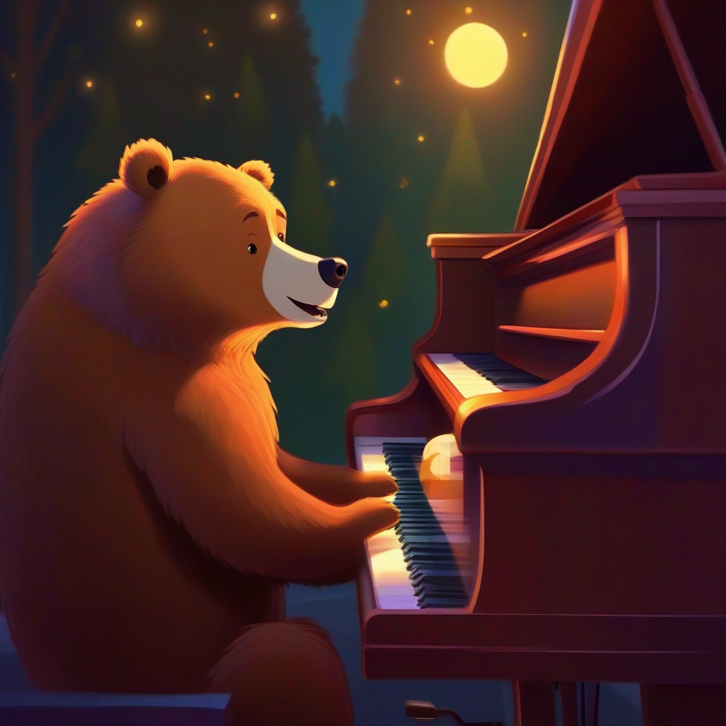 A brown bear with a friendly smile and a musical heart. plays the piano and practices day and night.