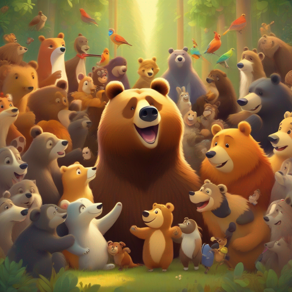 Animals gather to listen to A brown bear with a friendly smile and a musical heart.'s beautiful music.