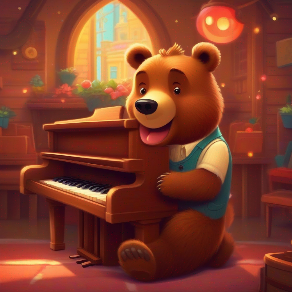 A brown bear with a friendly smile and a musical heart. shares his piano talent in the nearby town.