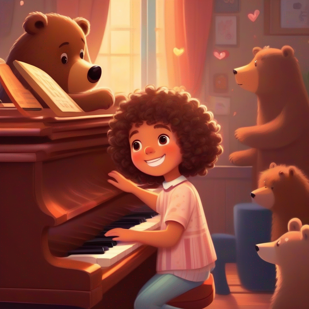 A little girl with curly hair and a love for music. listens to A brown bear with a friendly smile and a musical heart.'s music and asks to learn piano.